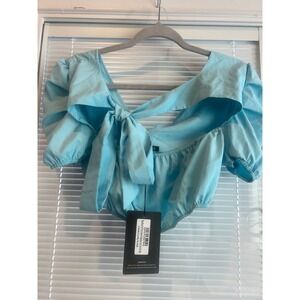 NEW Pretty Little Thing Aqua Women's Ballon Sleeve Bow Back Detail Crop Top Sz 6